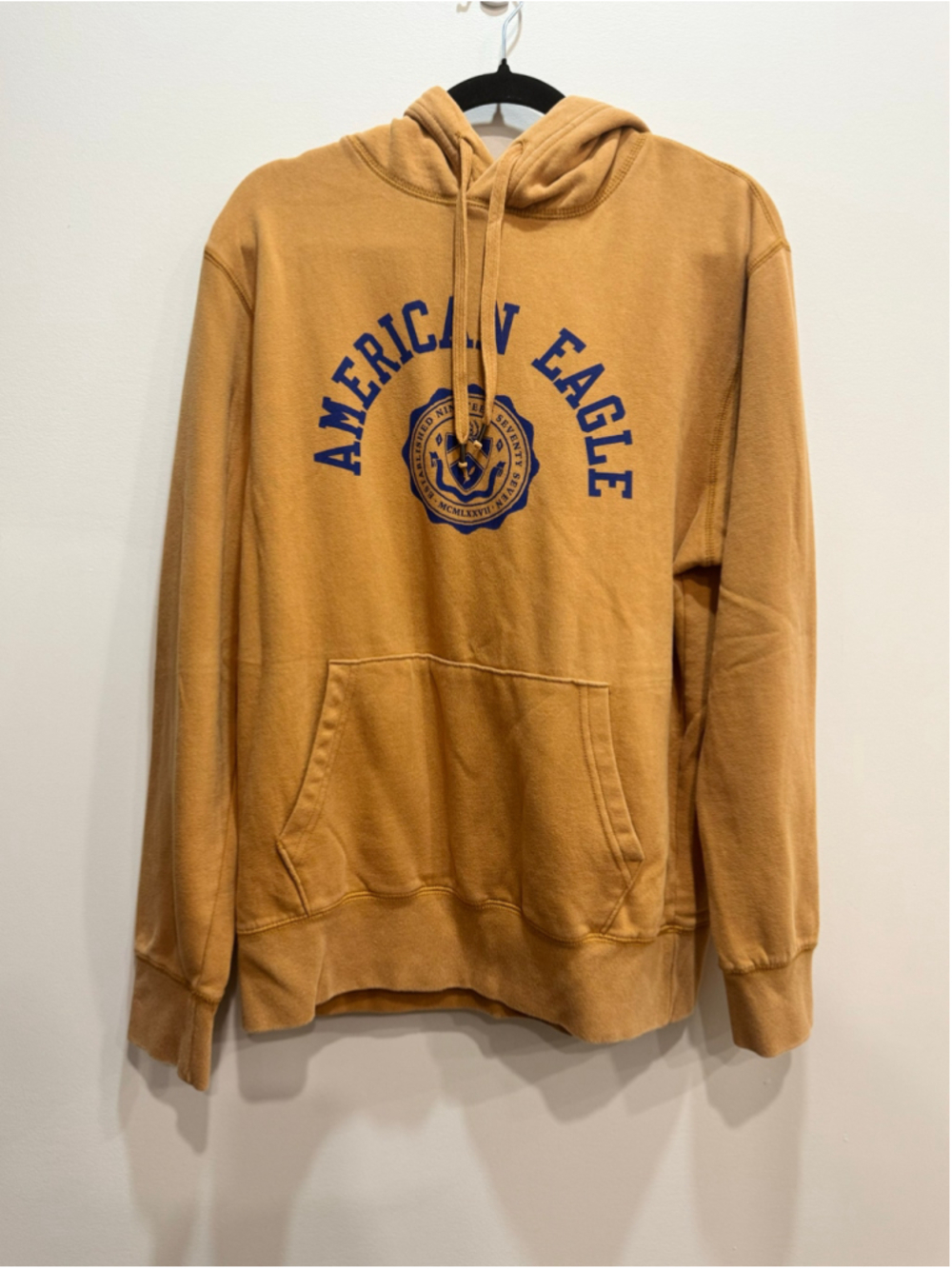 American Eagle Super Soft Hoodie Sweatshirt Size M Tan Blue Graphic